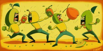 “Сражение манго и авокадо”. Изображение создано нейросетью Kandinsky 2.1